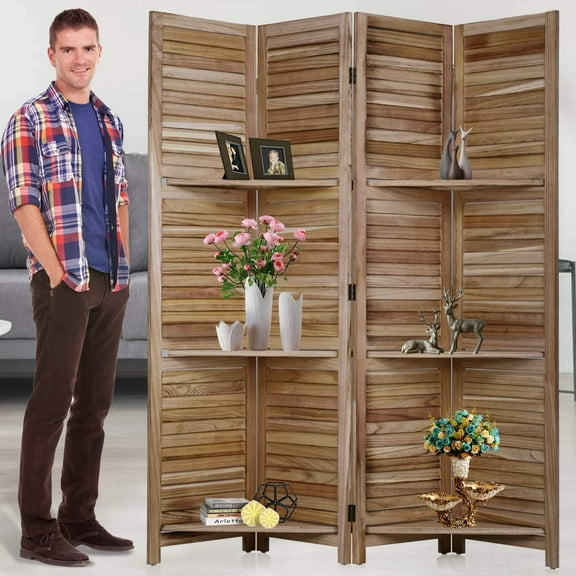 Room Dividers and Folding Privacy Screens 4 Panel 69 Inch Tall Portable Room Seperating Divider w/ 3 Display Shelves Solid Wood Room Partitions and Dividers Freestanding for Home, Office, Restaurant