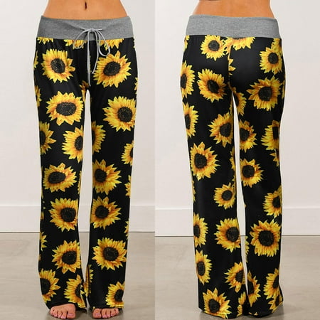 

Alrise Black Womens Sunflower Printing Pajama Pants Loose Wide Leg Pants Home Long Trousers 2X-Large