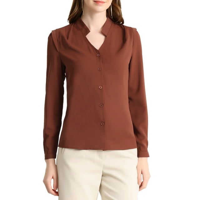 INSPIRE CHIC Chemise Élégante à Manches Longues Col en V pour Femmes, Marron Foncé