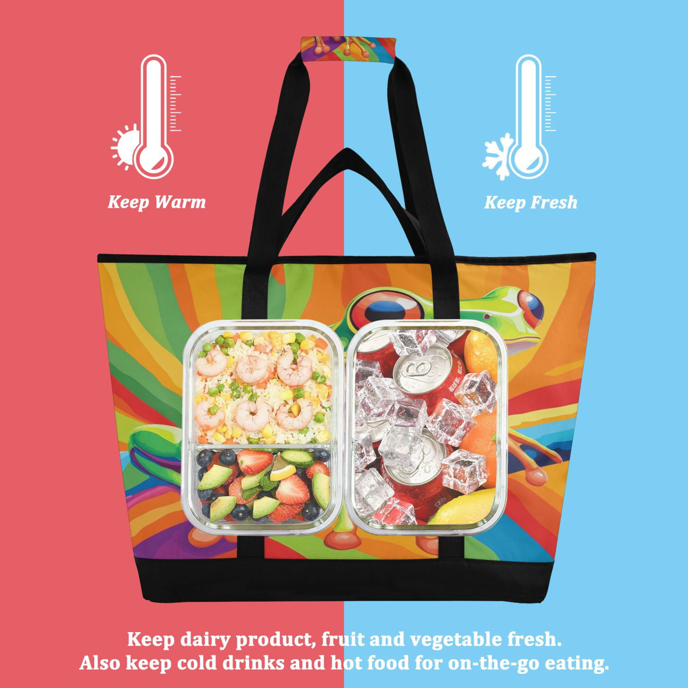 Large Hand-held Ice Pack Picnic Bag Insulation and Refrigeration Suitable for Shopping Picnics and Camping Cartoon Green Frog