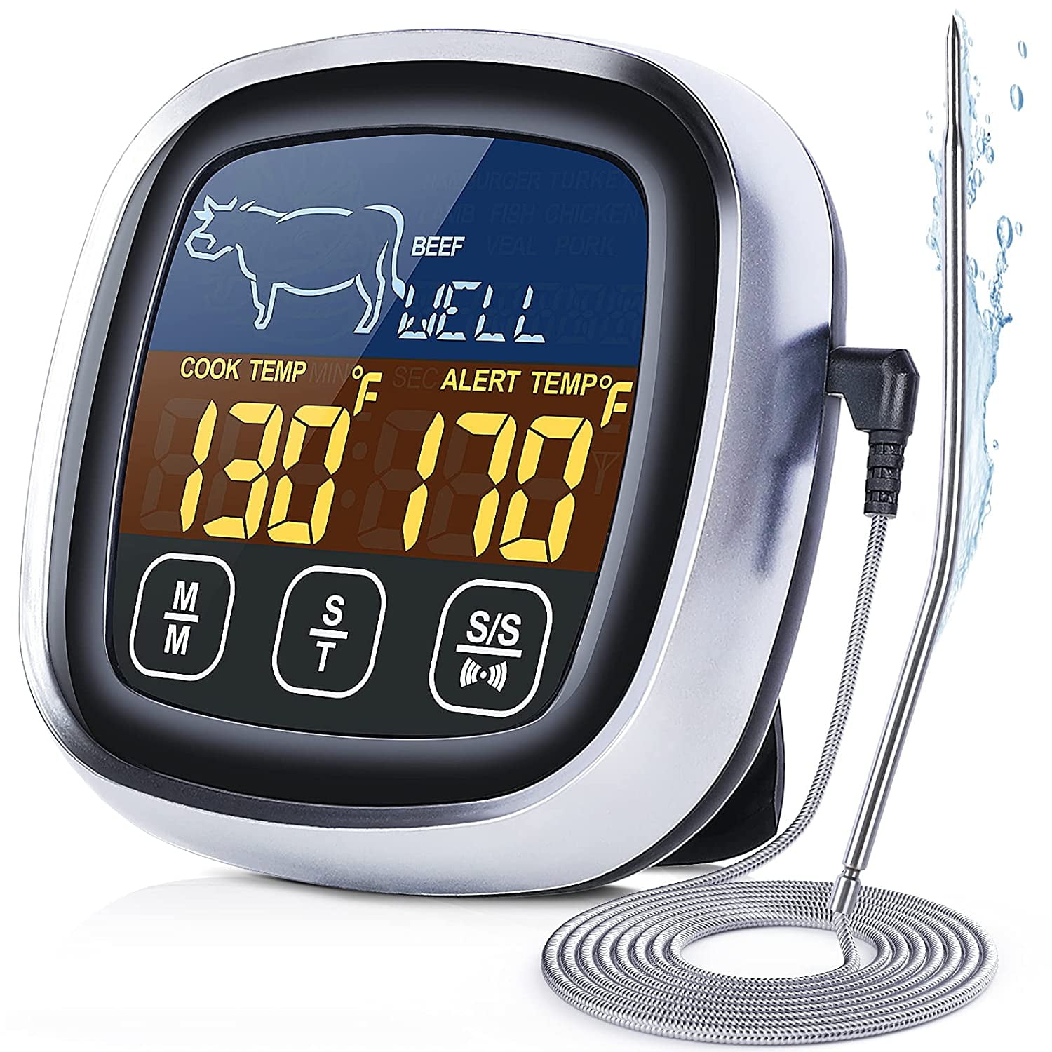Digital Instant Read Food Thermometer, Touchscreen Meat Thermometer with Timer Cooking High Heat Resistance Probe LCD Display for Oven Deep Fry Air Fryer BBQ Grilling Roast Turkey Baking Yogurt