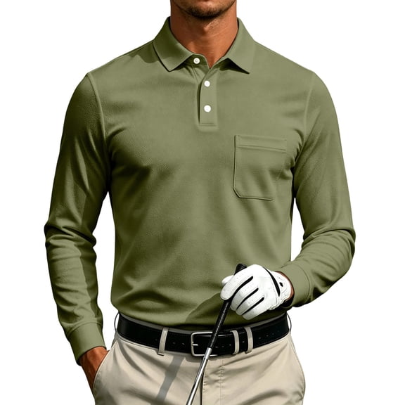 Fabrcox S-4XL Polo Shirts for Men Long Sleeve with Pockets Collared Men Work Shirts Business Casual Plain Regular Fit Sports Golf Shirt for Men Green L