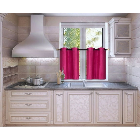 N25 Hot Pink 1-Set Light Filtering Kitchen Window Curtain, 2 Faux Silk Tier Panels With Bronze Grommets on Top