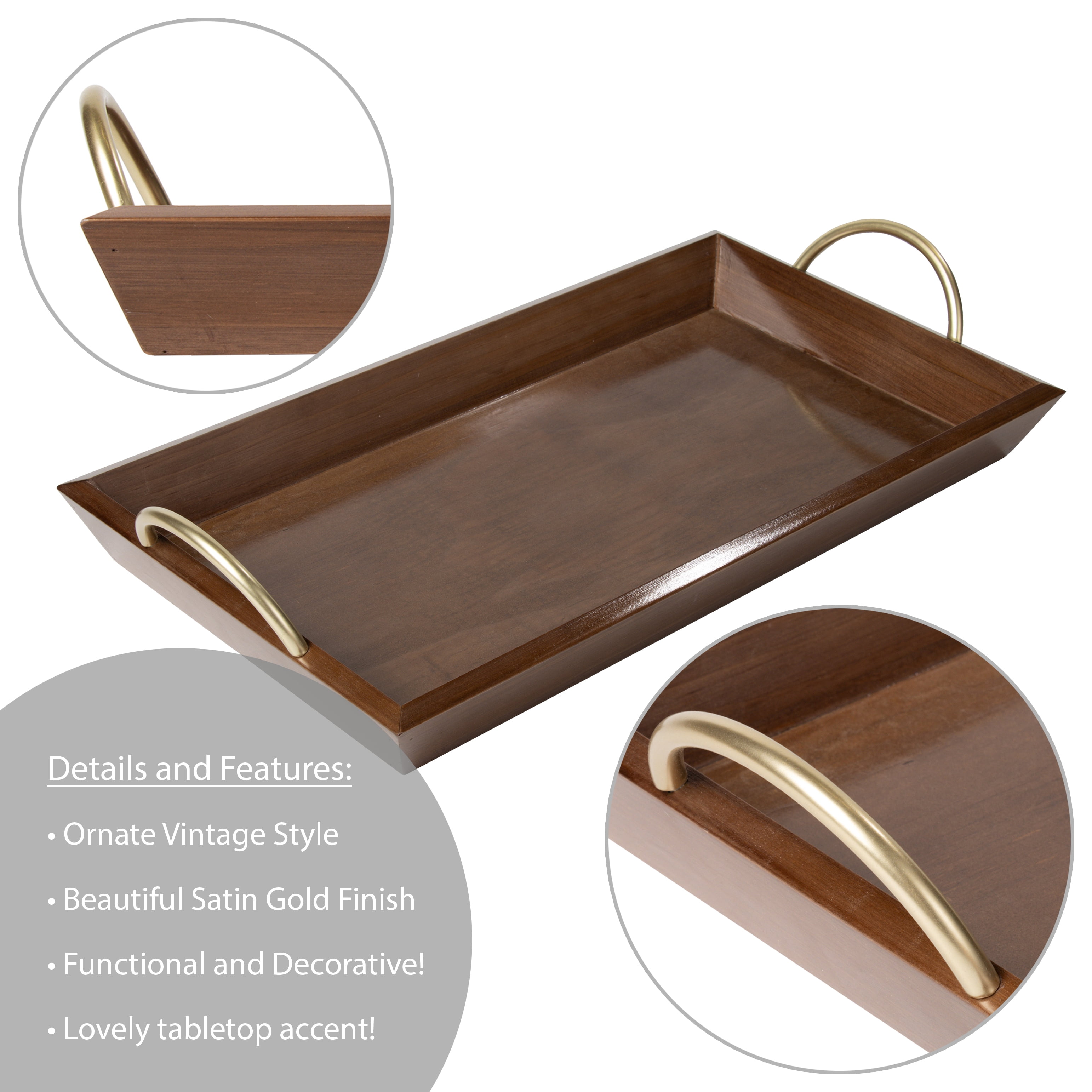 Mainstays Wood Decorative Tray with Gold Handles