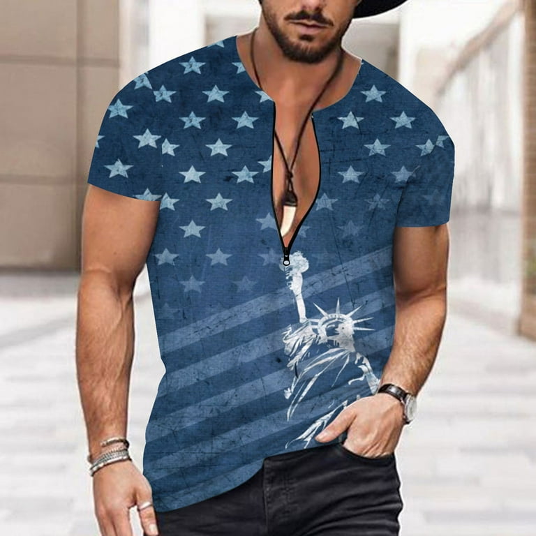 YUHAOTIN Fourth of July T Shirts for Men Graphic Vintage Cars Mens Summer  Independence Day Flag Digital 3D Printing Zipper T Shirt Short Sleeve Shirt
