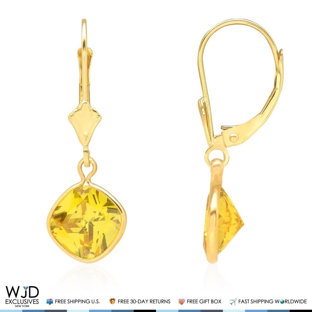 Bezel Set Square Ruby Birthstone Drop Dangle Leverback Earrings 14K Yellow Gold