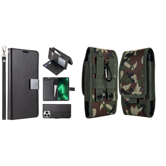 Bemz Pocket Clutch Wallet Case and Belt Holster Pouch for iPhone 14 Pro Max (Black/Jungle)