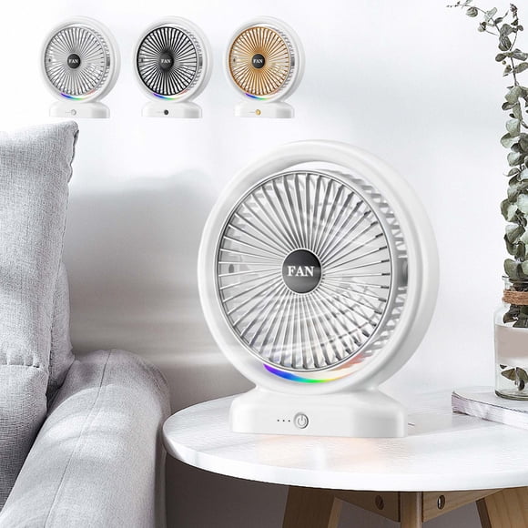 Fiudx Mini Ventilador de Escritorio, Tres Velocidades Ajustables, Batería Recargable y Alimentación Por Usb, Luces Led de Colores, Silencioso, Diseño Portátil, Perfecto para El Hogar, La Oficina y Vi