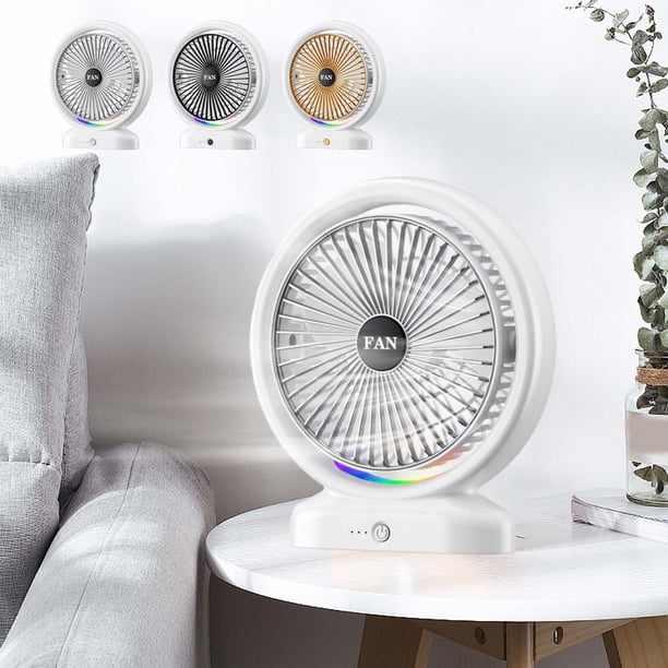 Mini ventilador recargable de sobremesa con luces LED de colores - Ventilador portátil USB/batería de 3 velocidades para oficina, hogar, viajes