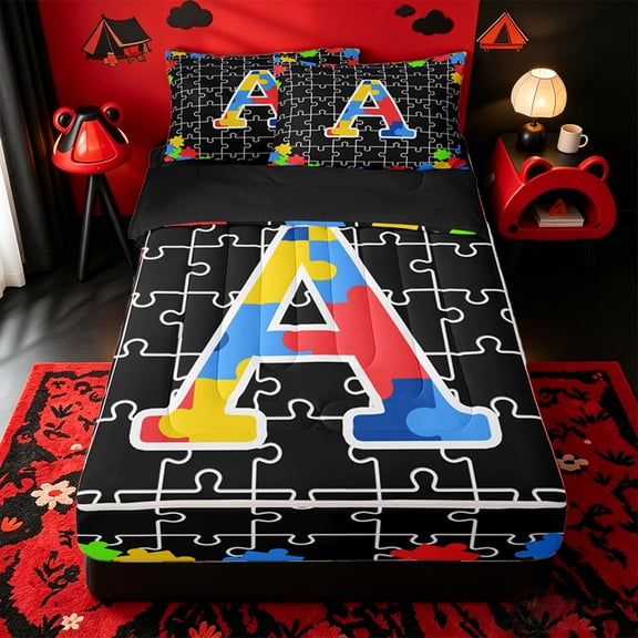 Catabedysis Puzzle ABC Print A Zipper Twin Comforter Sets with Fitted Sheet and 2 Pillowcases,Personalized Monogrammed Gifts Zipper Bedding Set For Girls,Black Reversible,4-Piece