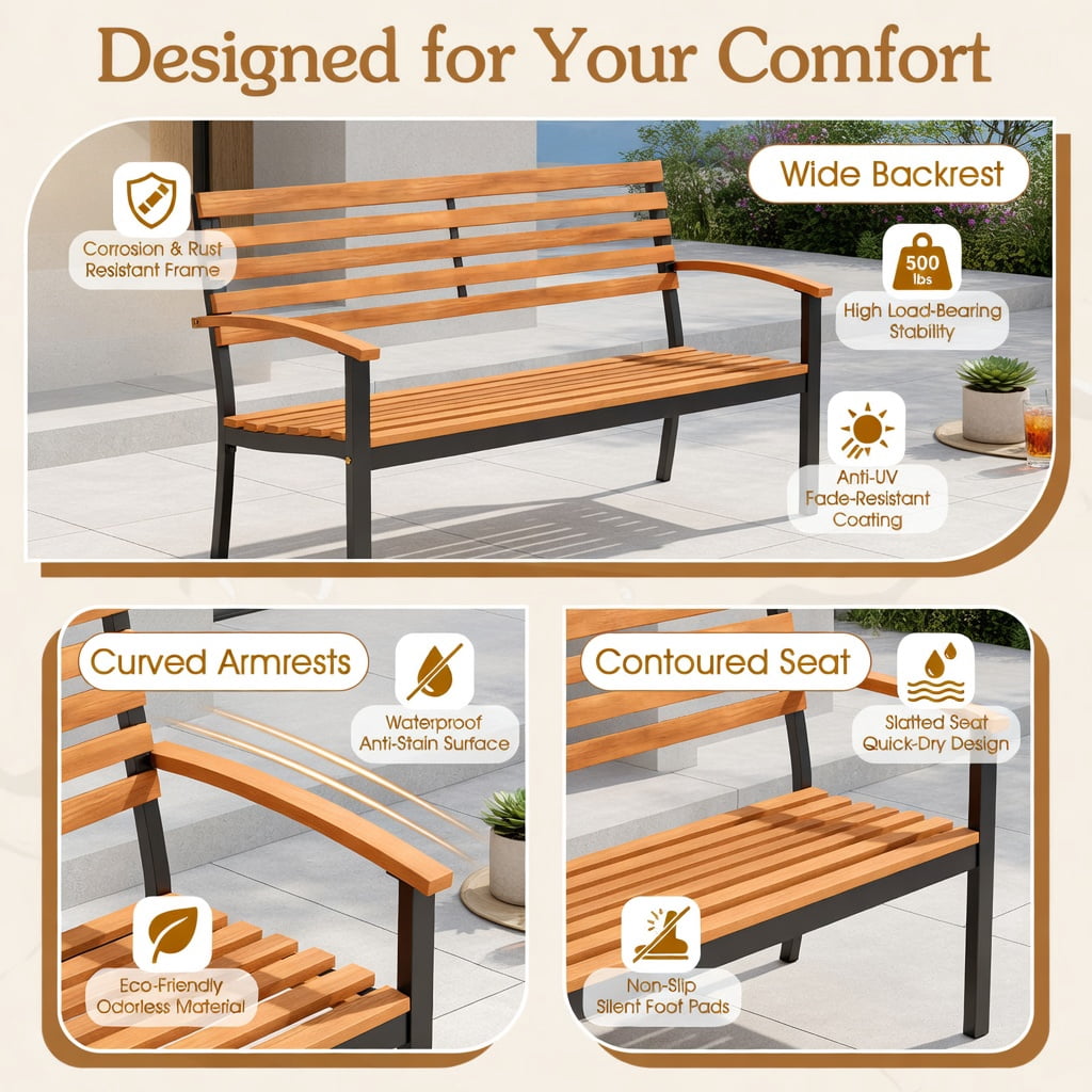 Hommoo Acacia Wood Outdoor Patio Loveseat Bench with Backrest & Armrests, Two-Person Garden Seating for Backyard, Deck, or Balcony, Black