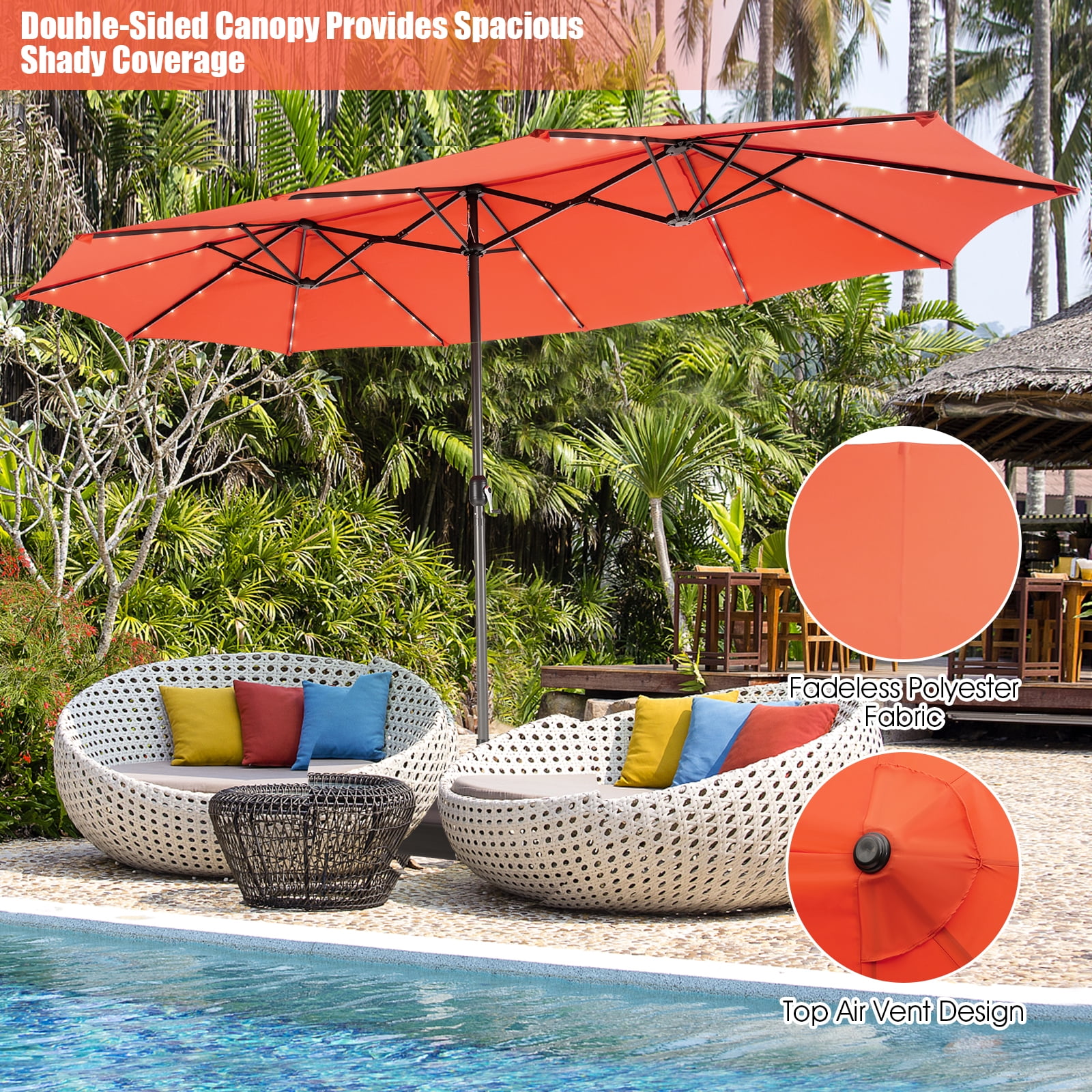Topbuy 15' Outdoor LED Patio Double-Sided Umbrella w/Base Orange