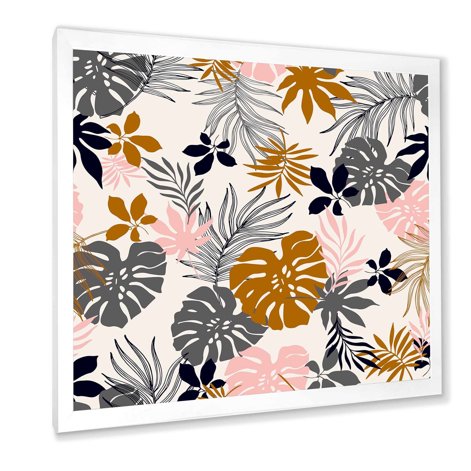 Designart 'Tropical Naturepalm Monstera Leaves In Silhouette On White' Traditional Framed Art Print