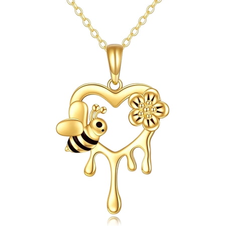 10k Gold Bee Necklace Gifts for Women Yellow Gold Honeycomb Honey Bee Pendant Necklaces Love Heart Jewelry Gifts for Mom Women Her Wife