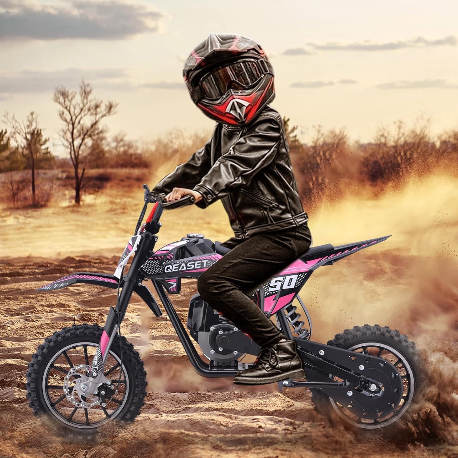 QEASET Gas Mini Dirt Bike, 39.4 CC 4-Stroke Dirt Bike, Rear Shock Absorber, Metal Frame, Disc Brakes, Max Load 165Lbs, Up to 20Mph, No Oil Mix Require, Pink