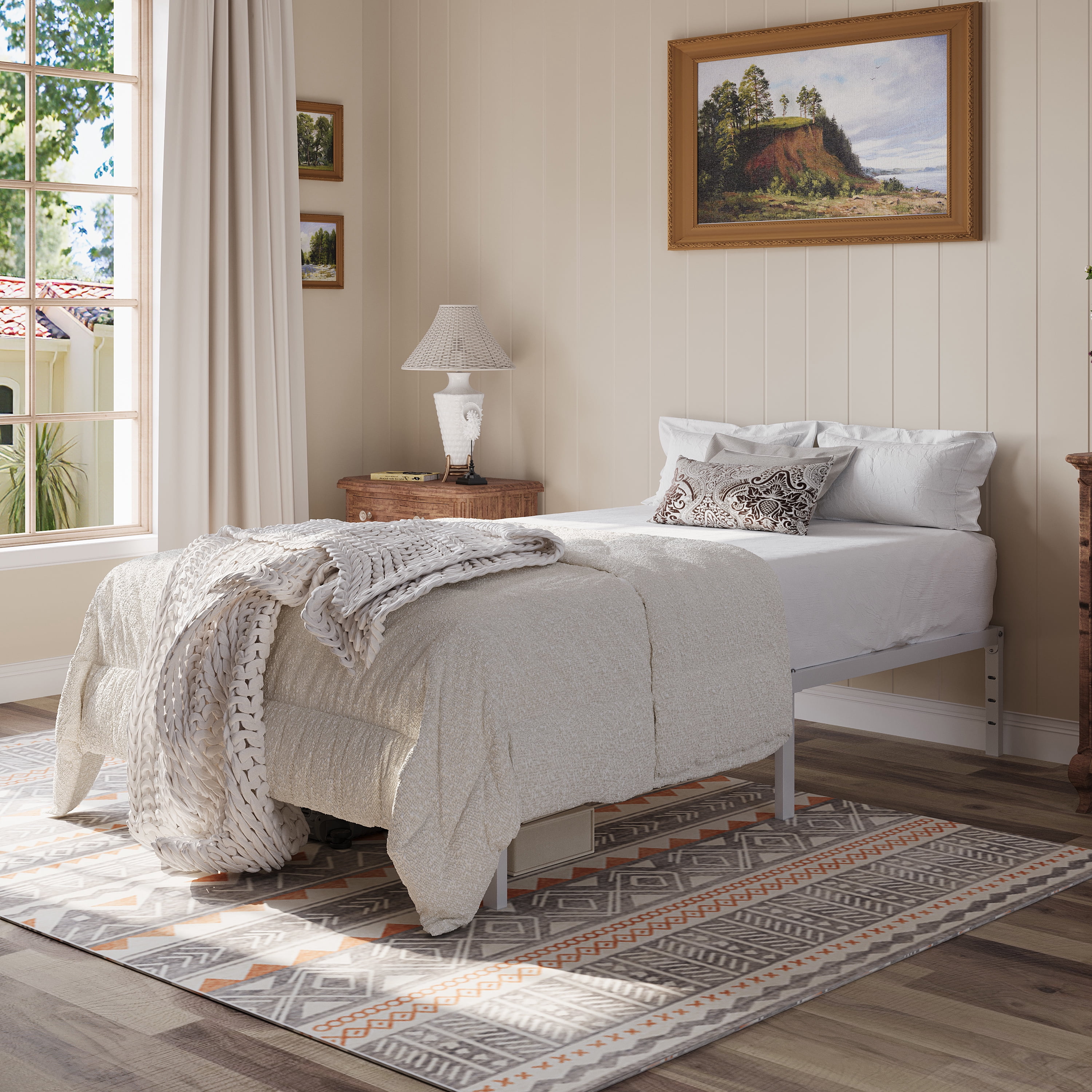 Einfach Twin Bed Frame, 12'' Metal Platform Bed with Ample Under-Bed Storage Space, Heavy Duty, No Box Spring Needed, White