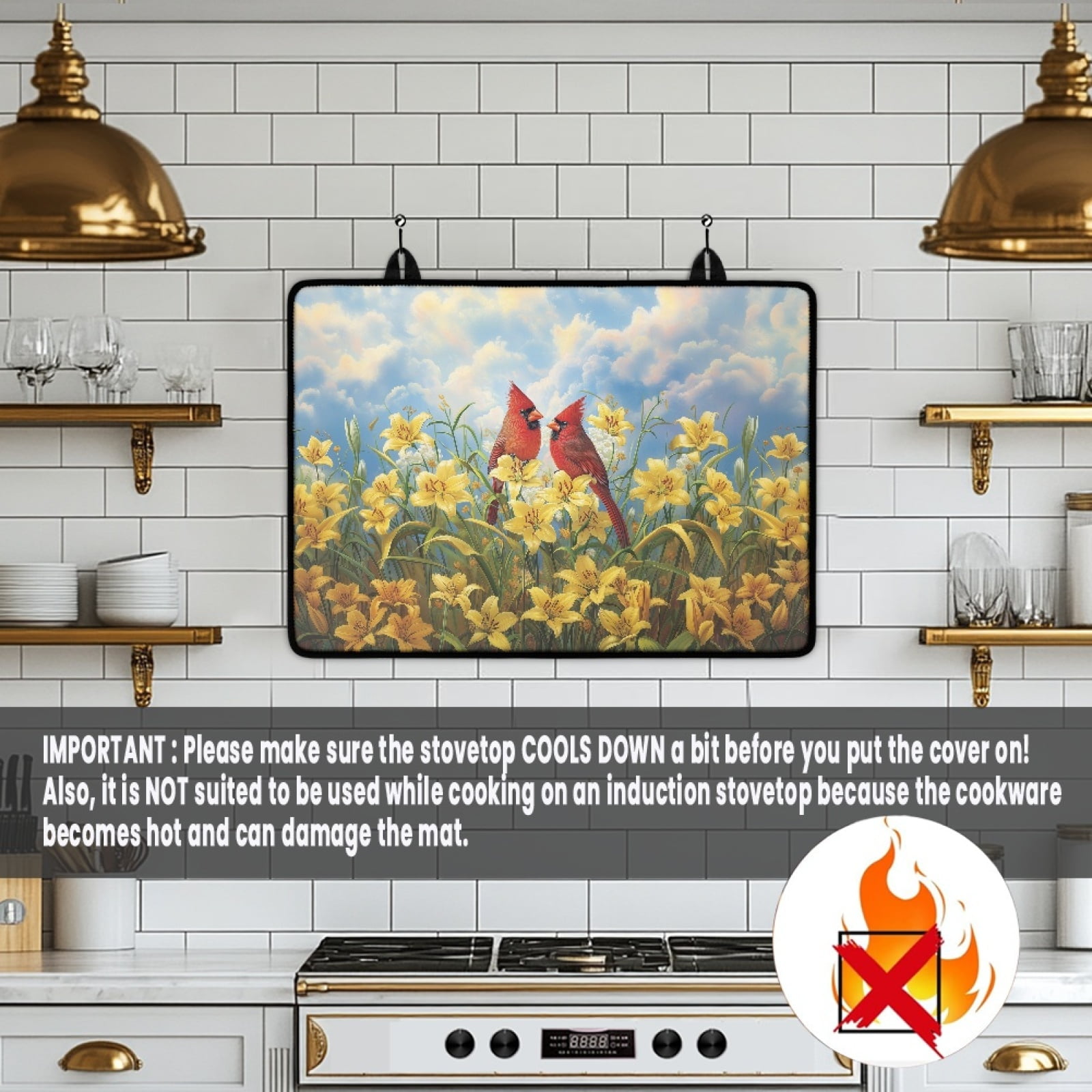Xoenoiee Cardinal Lily Print Stove Top Cover for Electric Stove, Stove Cover 29.18 x 20.96 inch, Heat Resistant Stove Top Mat, Silicone Stove Mat for Glass Top Stove, Dish Drying Mat for Kitchen