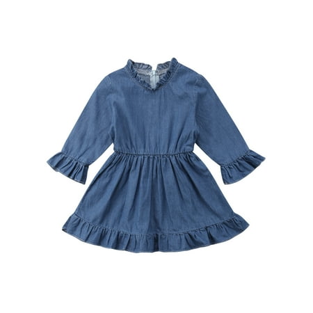 

Youweixiong Infant Baby Girl Denim Dress Long Sleeve Spring Autumn Dress Back Zipper Closure Elastic Waist Dress