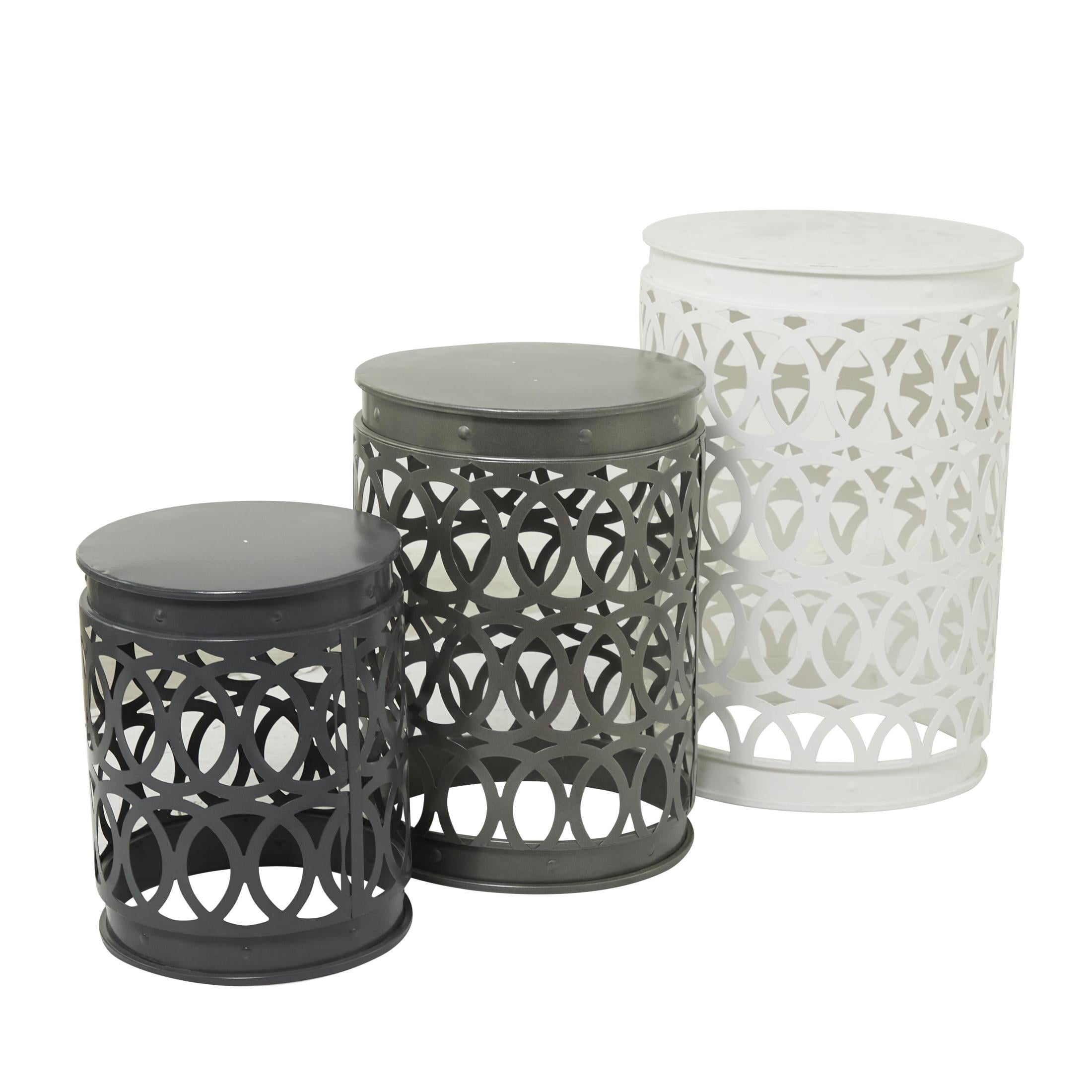 DecMode 16" x 23" Gray Metal Indoor Outdoor Nesting Geometric Accent Table with Cutout Circle Pattern, 3-Pieces