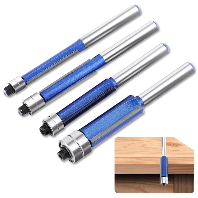 Djiypn 4 Pcs Flush Trim Router Bit,Top Bearing Flush Trim Cut Router Bits Set Bearing Dia 1/4", 5/16", 3/8", 1/2" Shank Woodworking Milling Cutter for Home DIY(Size:4 pcs)