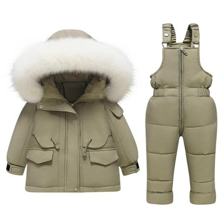 Xfvqtps Snowsuit Down Jacket and Pant Set Hooded Adjustable Drawstring Coat and Overalls Solid Color Fake Pockets Waterproof Windproof Outdoor Winter Warm Ski Suits Green