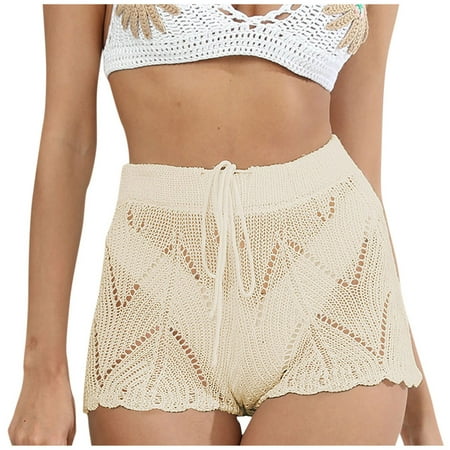Hfyihgf Womens Crochet Cover Up Shorts Sheer Hollow Out High Waist Knit Bathing Suit Bikini Swimsuit Bottoms Coverup Pants(Beige XL)