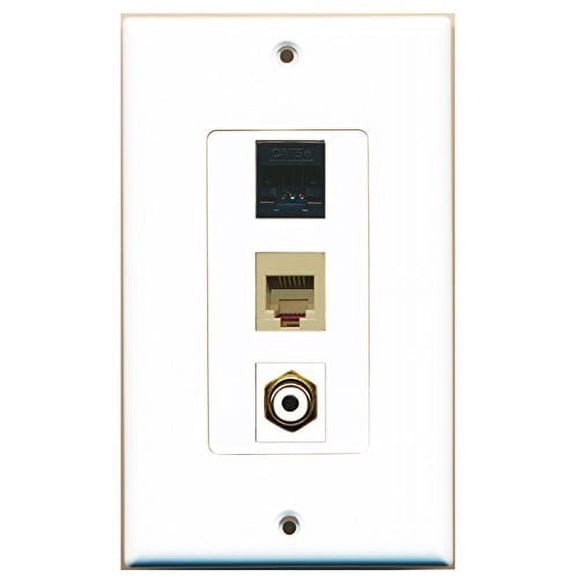RiteAV - 1 Port RCA White and 1 Port Phone RJ11 RJ12 Beige and 1 Port Cat5e Ethernet Black Decorative Wall Plate Decorative