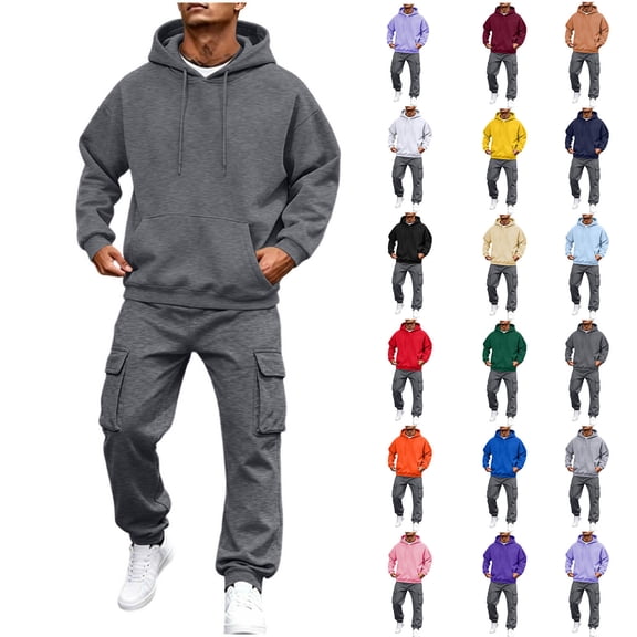 Chiccall Mens Sweatsuit 2 Piece Drawstring Kangaroo Pocket Hoodie Elastic Bottom Elastic Waist Cargo Sweatpant Outfits Fall Winter Warm Loose Fit Casual Athletic Sets