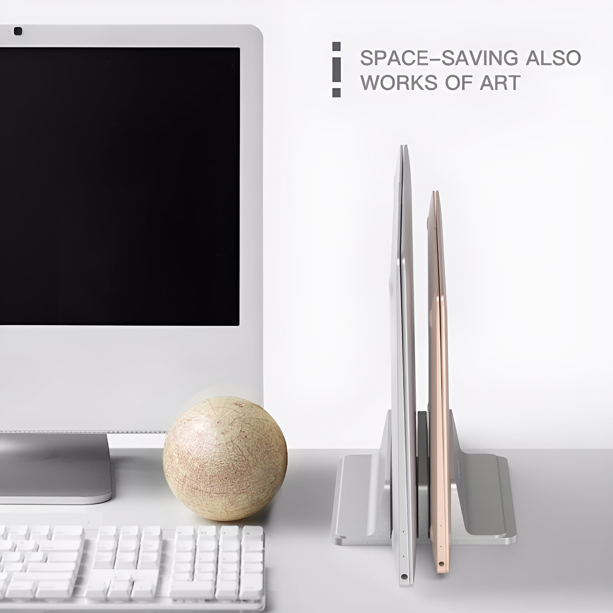 BEQU 2 Slots Vertical Laptop Stand/Holder (Silver), Heavy Duty Aluminum, Anti-Slip Silicone Pad, Adjustable, Fits All IPADs/Tablets/Laptops (MacBook/Windows/Linux/Chromebook upto 17.3 inches)