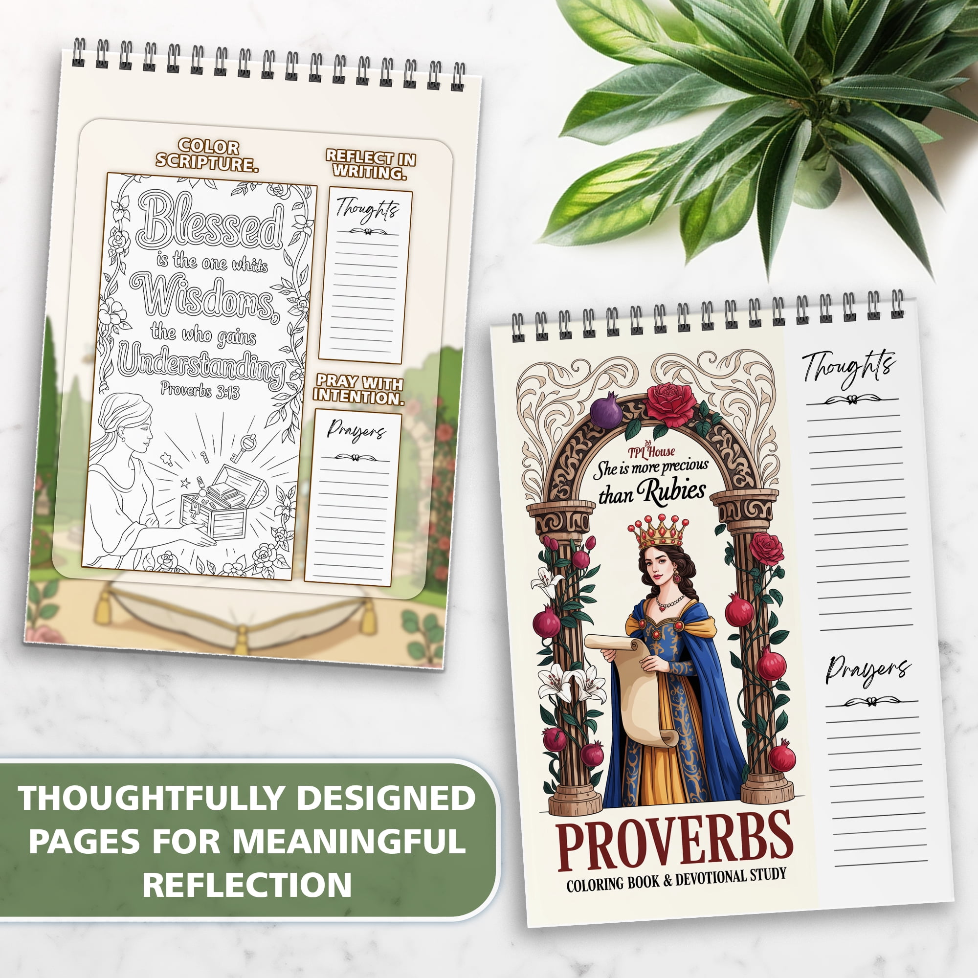 Proverbs Coloring Book for Adults, 30 Minimalist Scripture Art Pages with Reflection & Prayer Space, Spiral Bound, A4 or A5 Softcover or Wood Cover