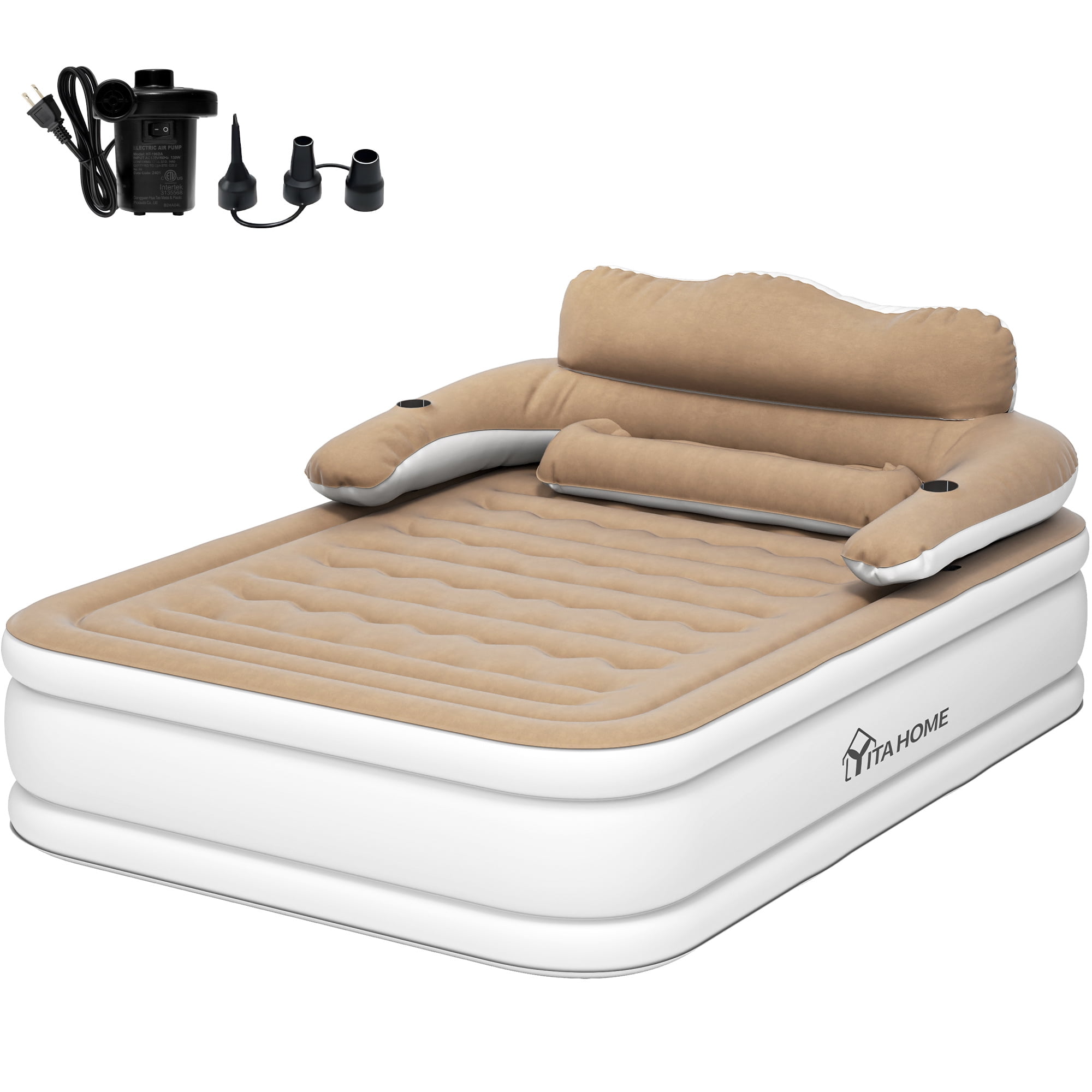 Uforic Queen Air Bed featuring Headboard, 18in Inflatable Mattress with Pillow, Portable Electric Pump, Brown - Ideal Queen Air Mattress for Camping & Home Use