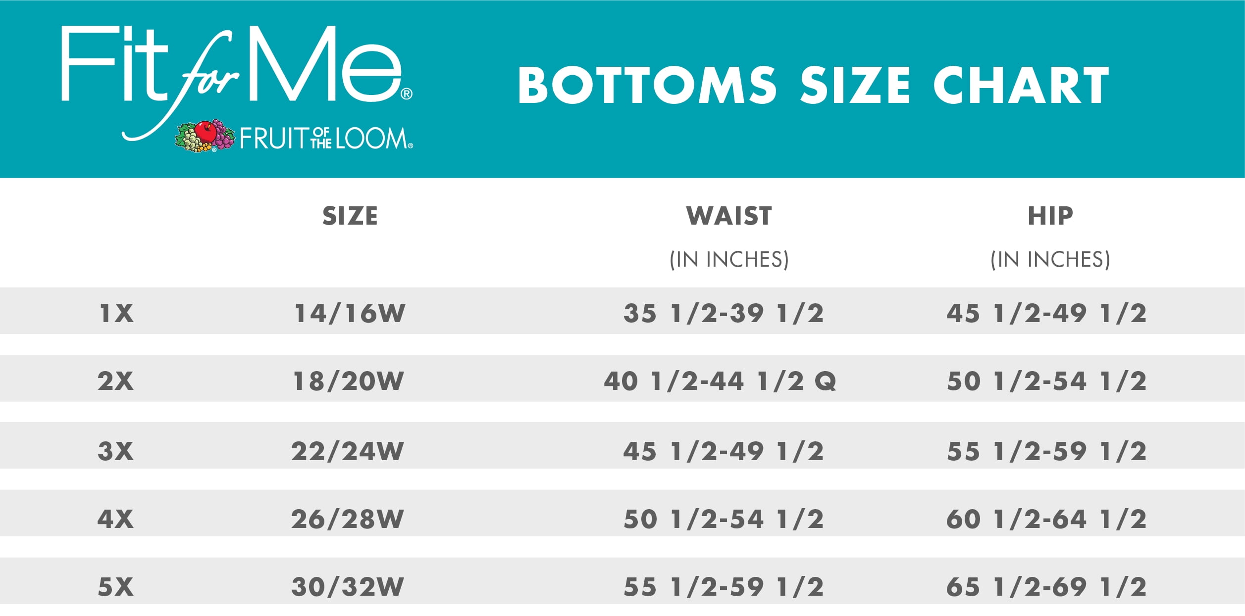 Fruit Of The Loom Fit For Me Size Chart