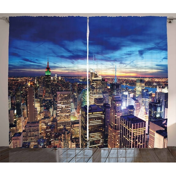 City Curtains 2 Panels Set, Empire State and Skyscrapers of Midtown Manhattan New York Aerial View at Dusk, Window Drapes for Living Room Bedroom, 108W X 84L Inches, Tan Navy Blue Aqua, by Ambesonne