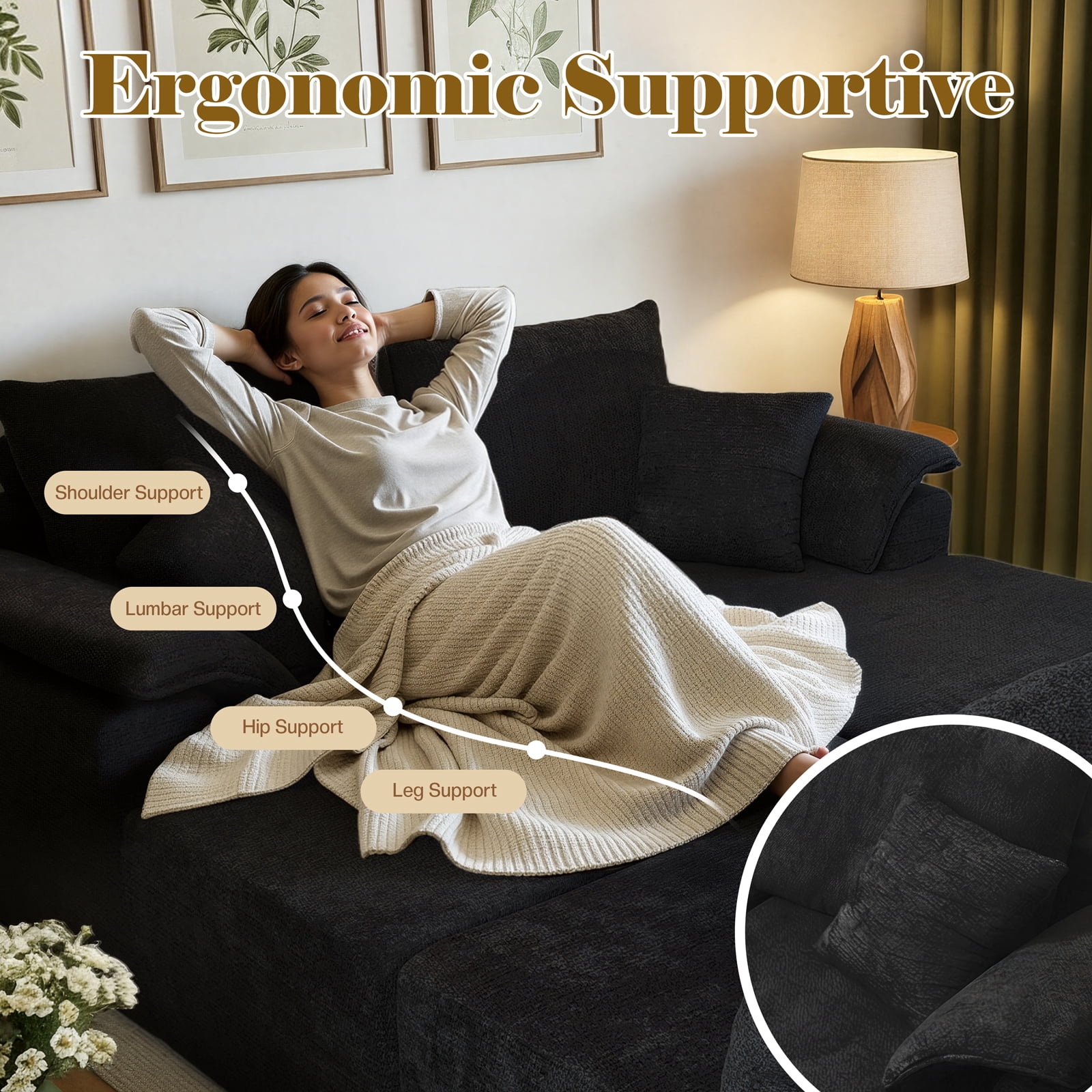 Kelyda 130'' Boneless Sectional Couch, Modern Chenille U Shaped Modular Cloud for Living Room Black