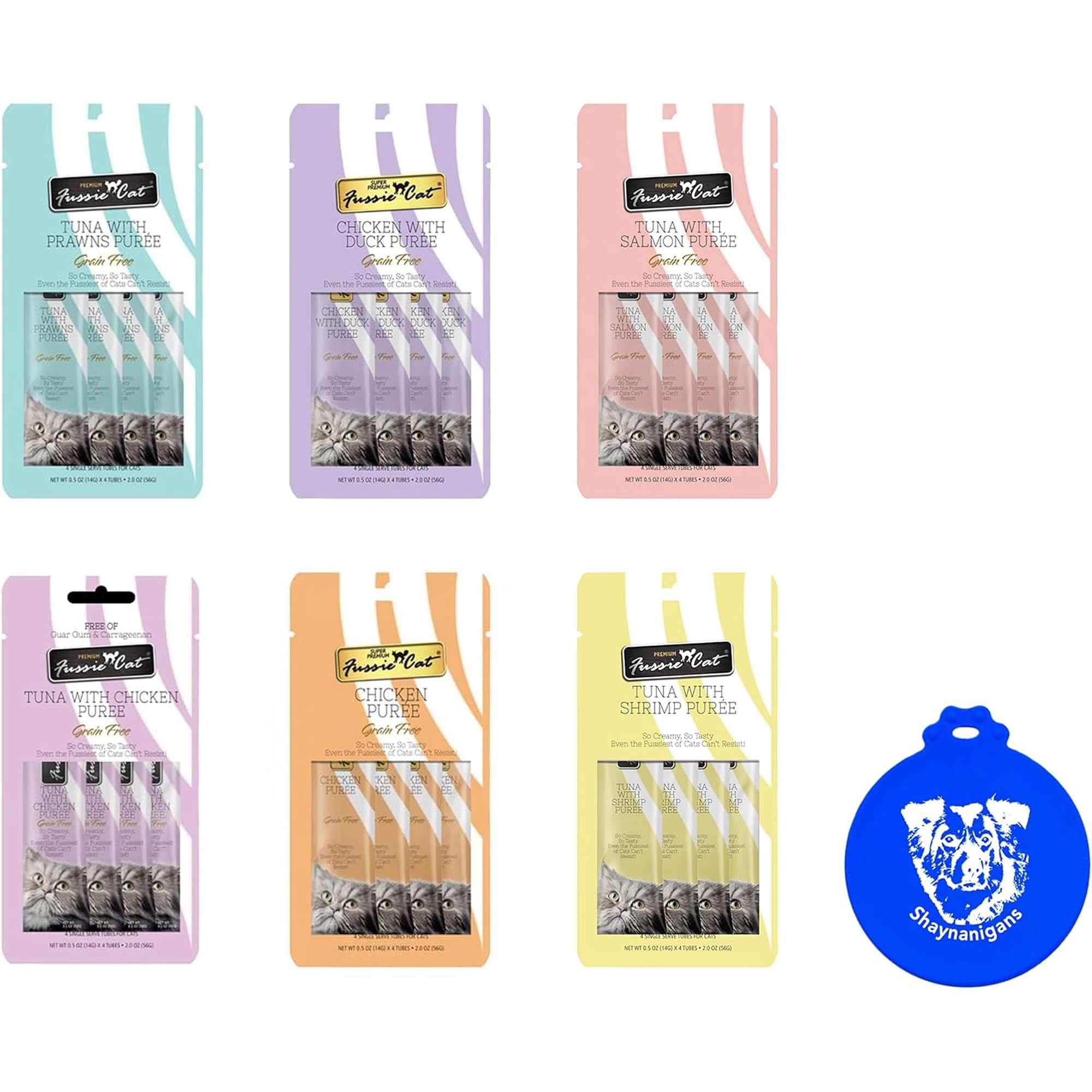 Fussie Cat Puree Grain Free Treat in 6 Flavors: Tuna/Prawns, Chicken/Duck, Chicken, Tuna/Salmon, Tuna/Ocean Fish, and Tuna/Shrimp (6 Four-Tube Packs, 24 Tubes Total, 0.5 Ounce/Tube) Plus Silicone Lid