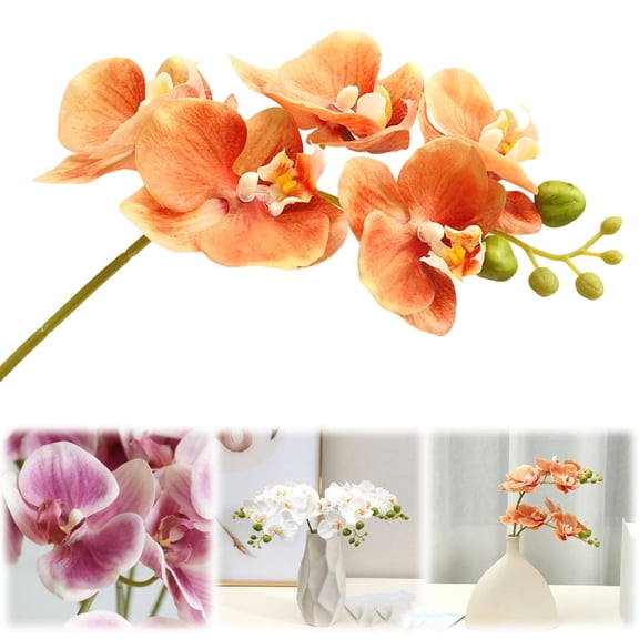 Artificial Flowers, Faux Flowers for Vase, Artificial Phalaenopsis Orchid Fake Butterfly Orchid Stems Real Touch Orchid Bouquet Realistic Multicolor Maintenance-Free Floral Picks Orange 1Pcs