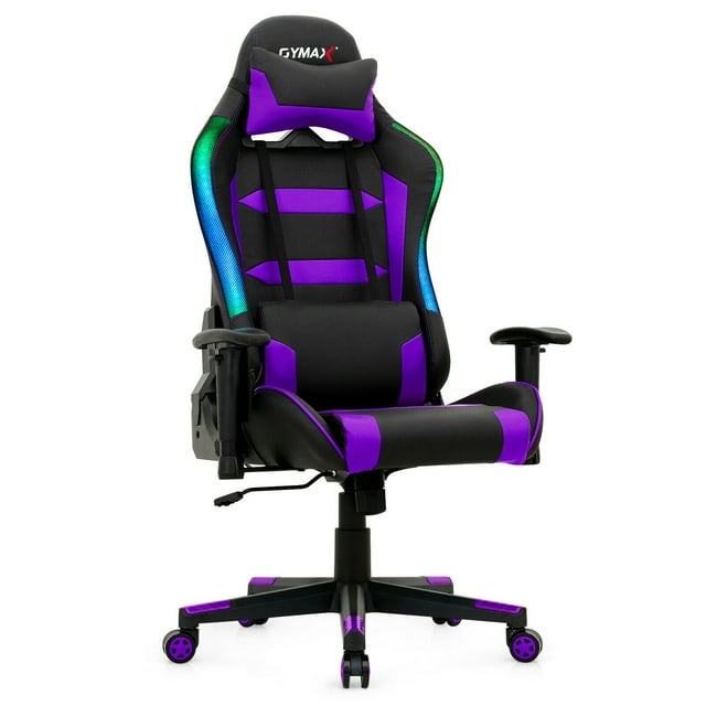 Gymax Chaise de Gaming Pivotante Réglable pour Ordinateur avec Lumières LED et Télécommande Violette