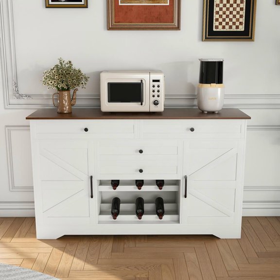 Resenkos 54" Farmhouse Buffet Sideboard - Storage Cabinet with Adjustable Shelf, Wood Top Dining Table & Drawer, Kitchen Storage, White