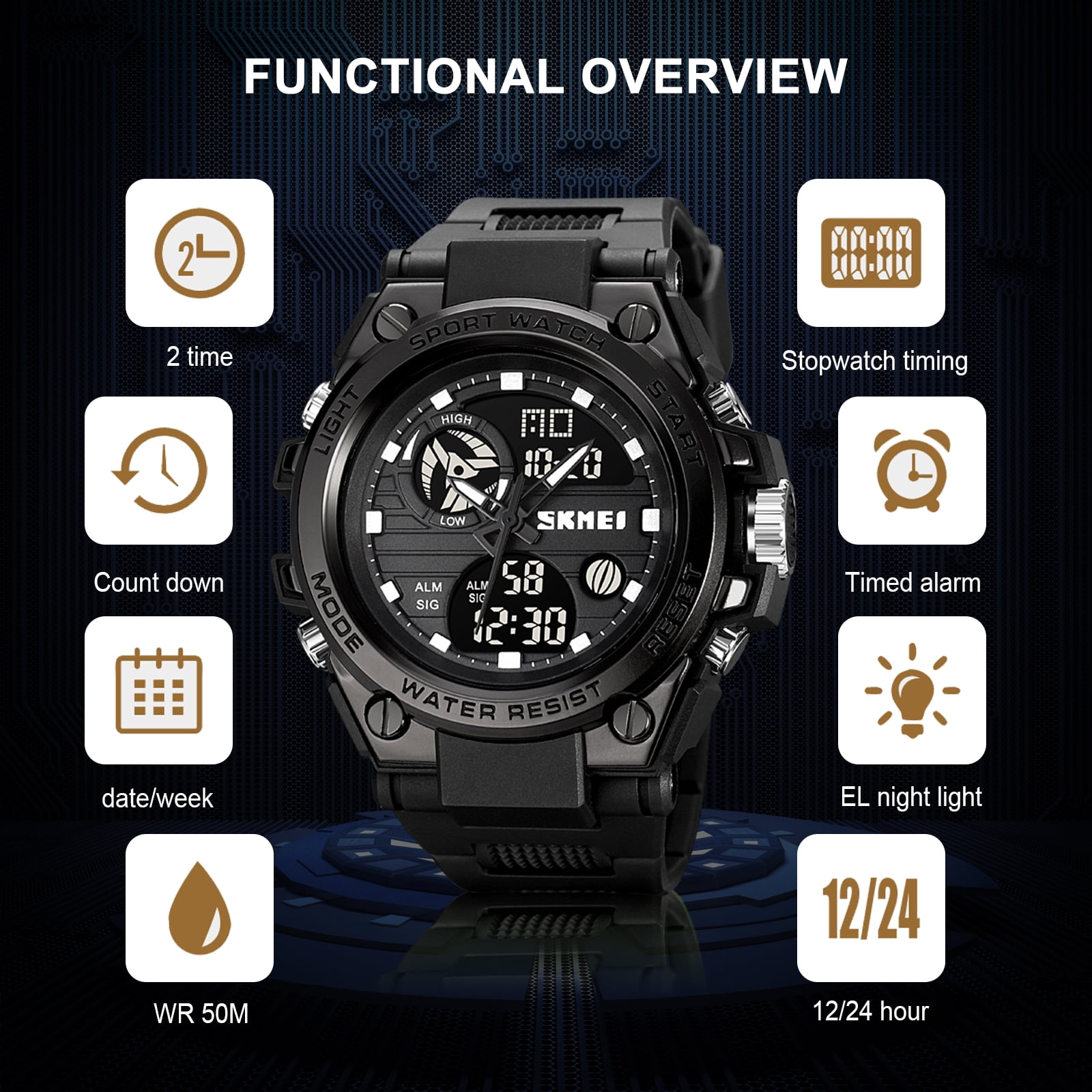 SKMEI Mens Digital Watch Sport Waterproof Watch Analog Military Tactical Watches LED Backlight Alarm Stopwatch Wrist Big Face Watches