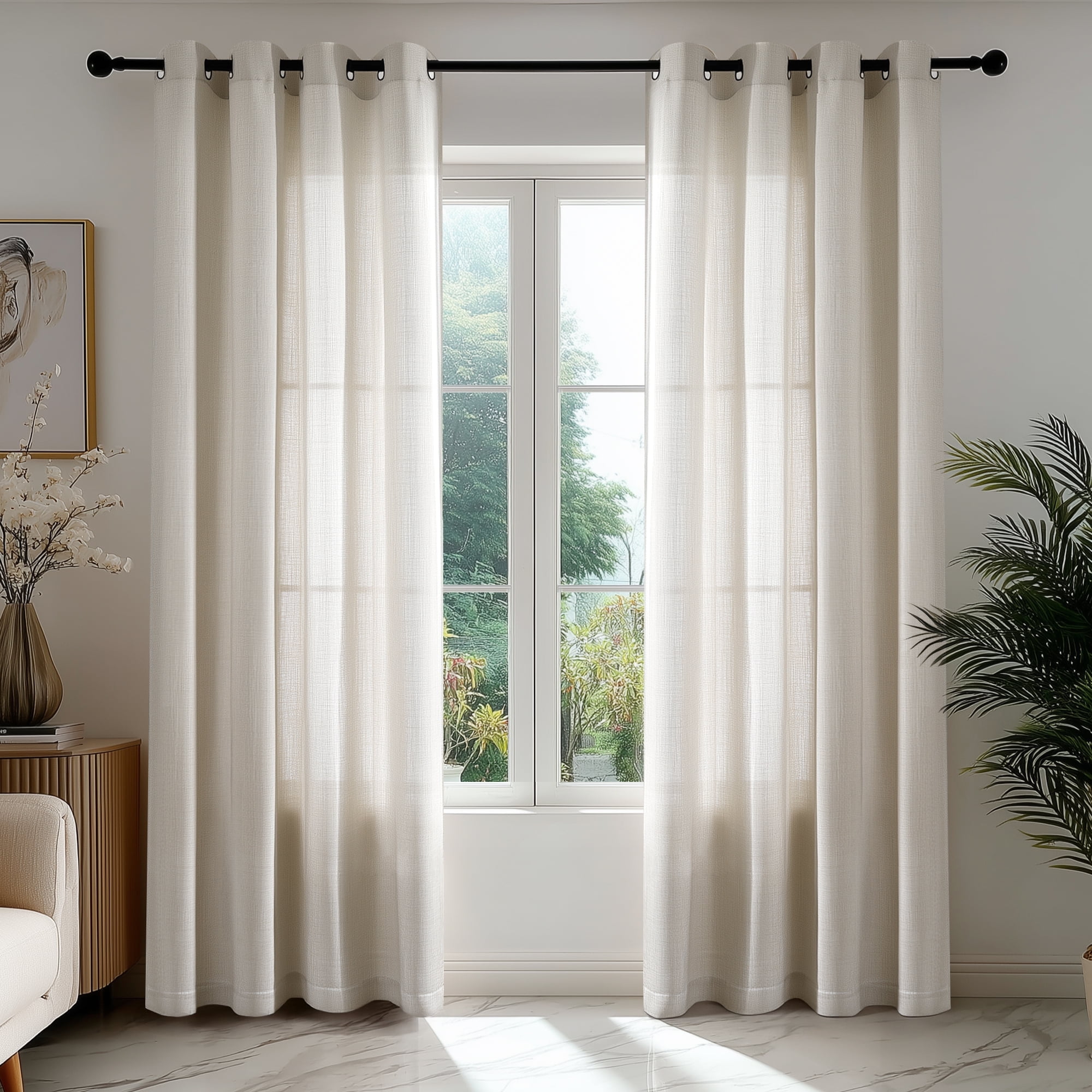 ZOPZO Soft Linen-Texture Sheer Curtain, 52W x 84L Inch, Beige, No Tiebacks, Light Filtering Window Panel, Set of 2