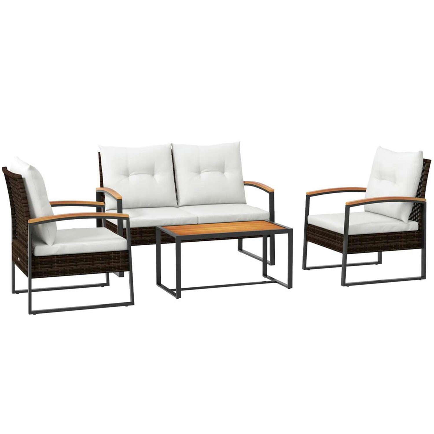 Demi Bonn 4-Piece Rattan Outdoor Patio Furniture Set with Loveseat Sofa, Chair, Wooden Coffee Table, and Cushions for Backyard and Deck, White
