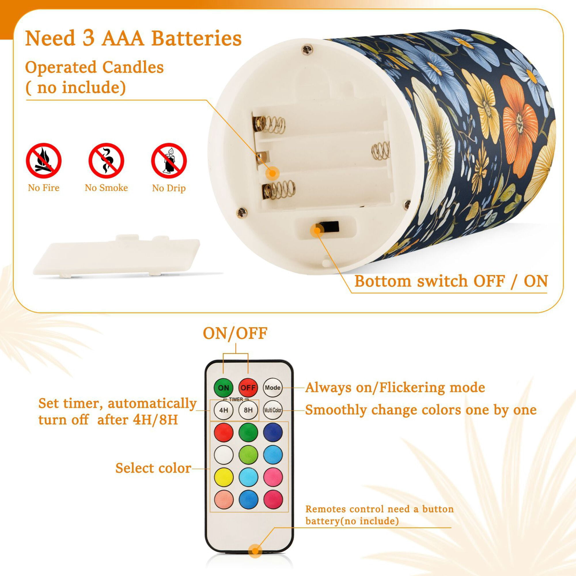 Yayeee Flameless Candles with Remote Flickering Battery Operated Multi Color Changing, Navy Floral Pattern
