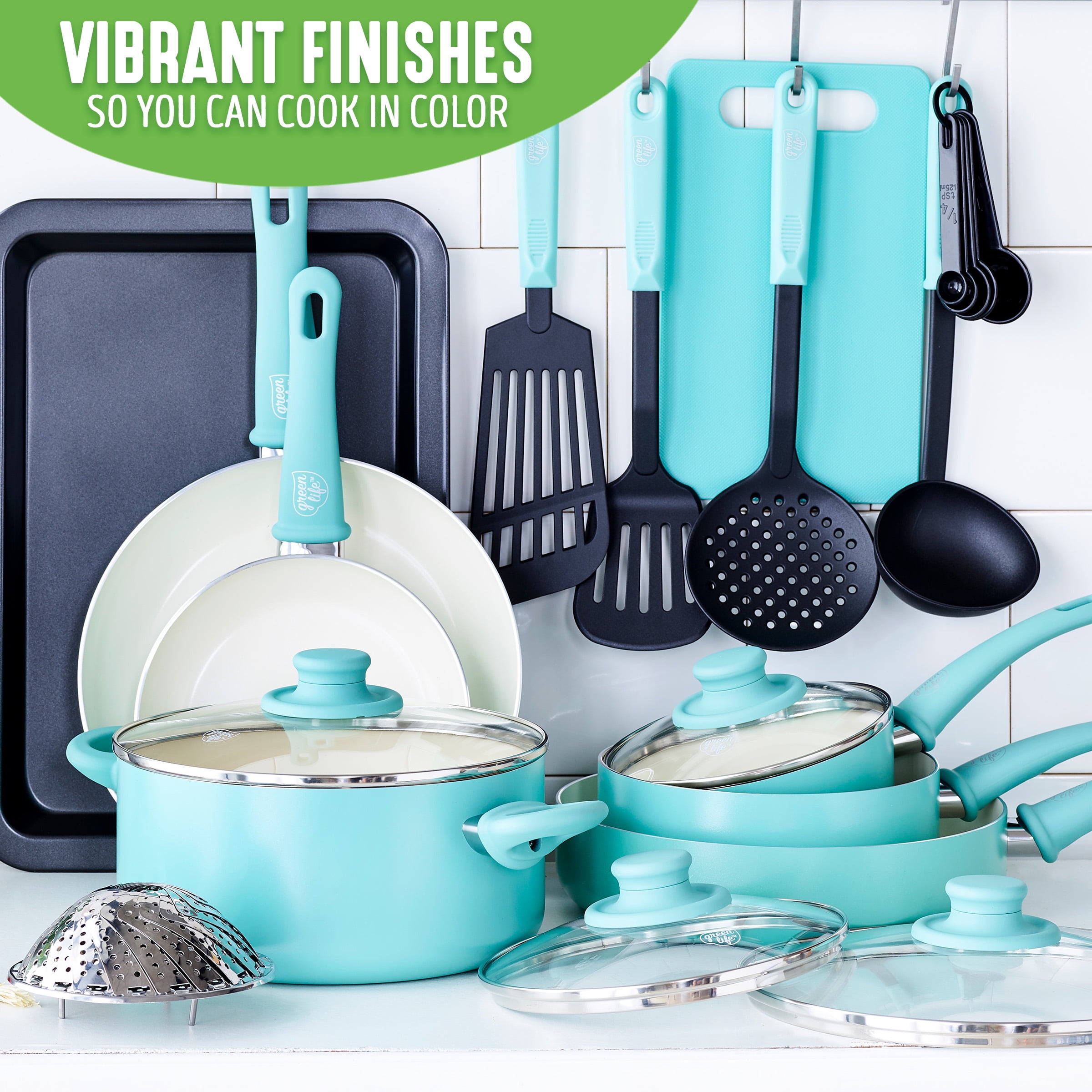 GreenLife Soft Grip 16 Piece Ceramic Non-Stick Cookware Set, Turquoise