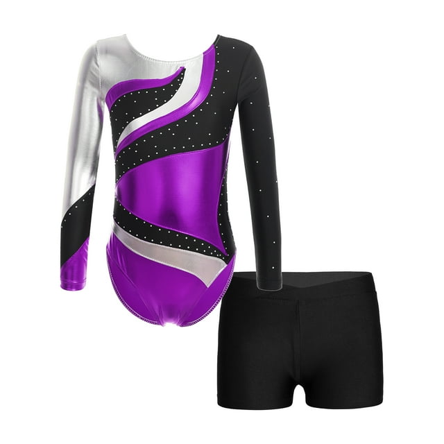 Doomiva Girls 2Pcs Rhinestone Tracksuit Long Sleeve Gymnastics Dance Outfit Leotard with Shorts Unitard B05 6