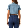 thumbnail image 3 of Chaqueta de mezclilla recortada de manga corta con cuello vuelto para mujer INSPIRE CHIC, azul claro, XL, 3 of 6