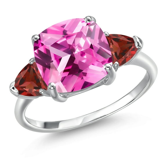 Gem Stone King 10K White Gold Pink Created Sapphire and Red Garnet Engagement Ring for Women | 5.88 Cttw | Cushion 10MM | Gemstone September Birthstone | Size 9