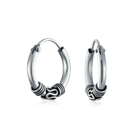 Bali Sterling Silver Fashion Earrings - Bali Style Tribal Swirl Continuous Endless Tiny Round Hoop Earrings Oxidized 925 Sterling Silver .50 Inch Dia