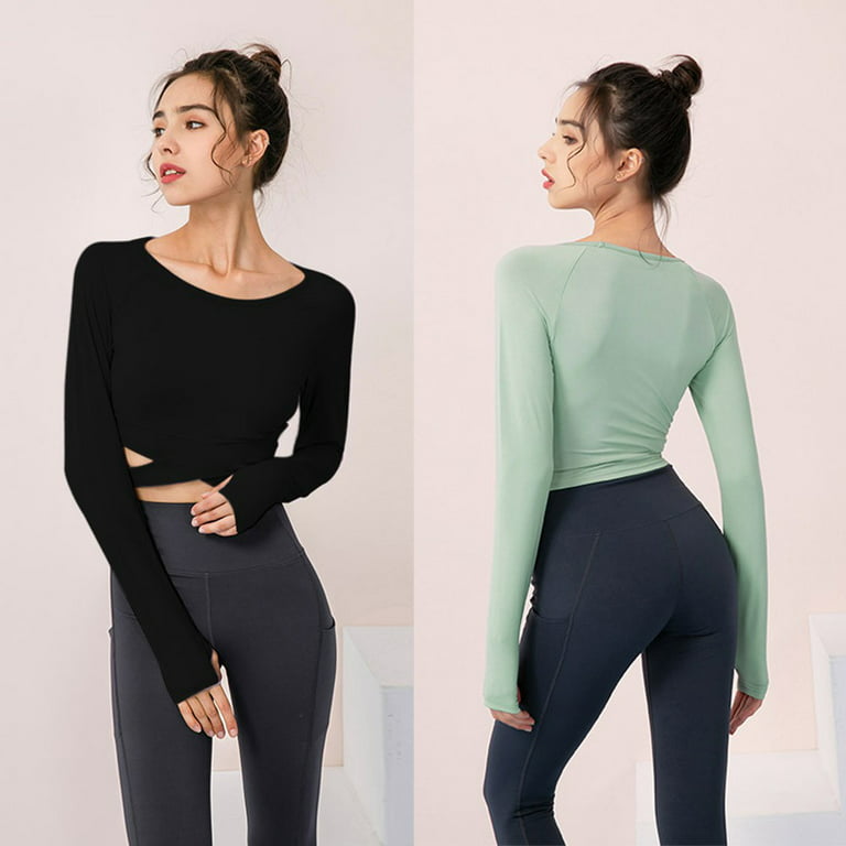Women's Long Sleeve Crop Tops Yoga Workout Tops Running Shirts,Tummy Cross  Crewneck Quick-drying Gym Jogging Hiking Athletic Shirts with Padded,Sun  Protection UPF 50+ Thumb Hole Tops,Black XXS-L 