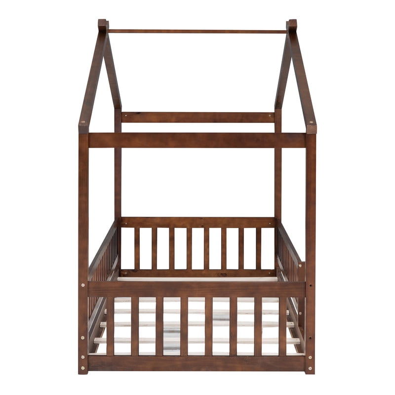 Twin Size Wood House Bed Floor Bed with Fence and Guardrails, Kids Playhouse Bed Toddler Bed Montessori Bed for Kids Boys Girls, No Box Spring Needed