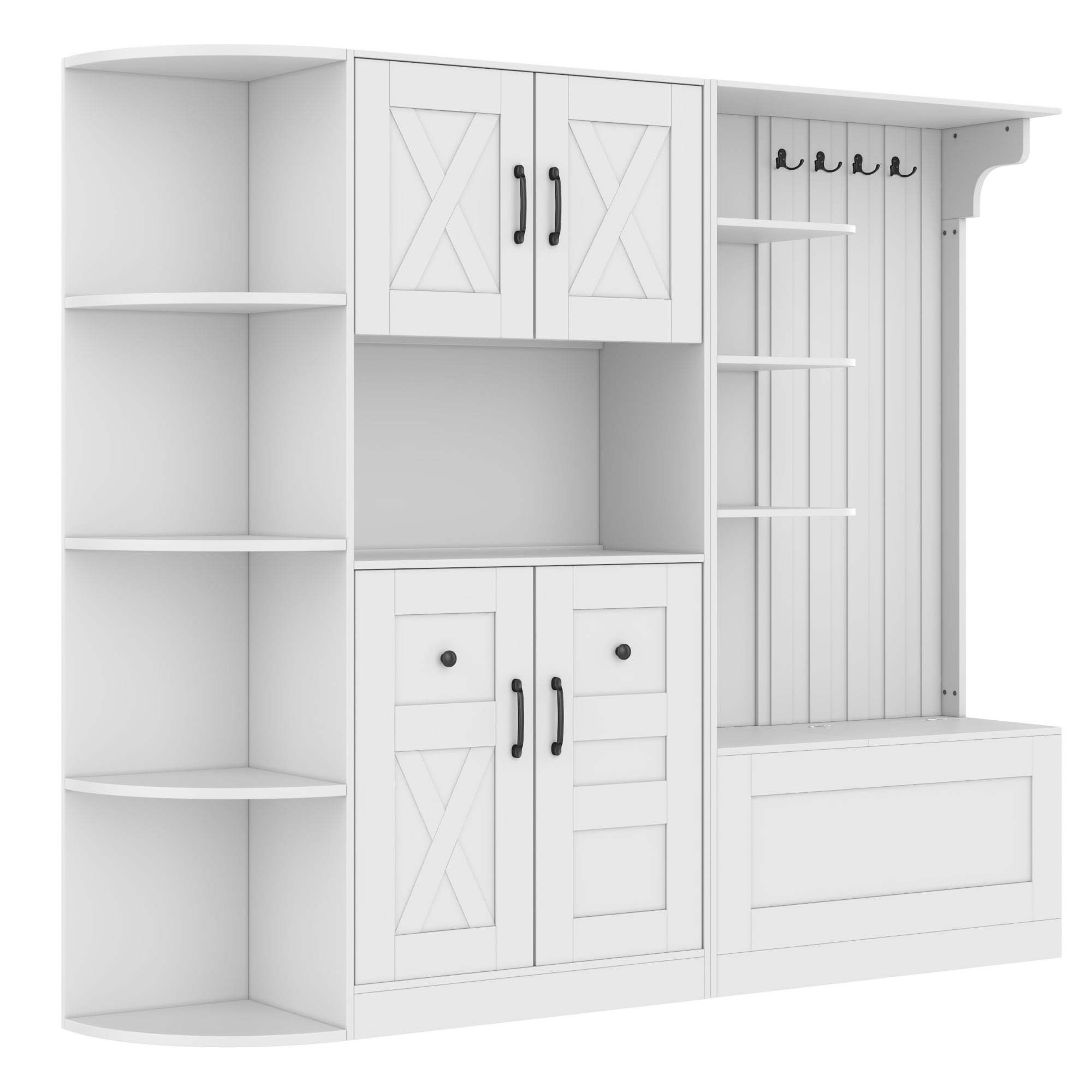 T-Foyer Farmhouse White Detachable Hall Tree with 4 Hooks & Bench, Wooden Rustic Entryway Organizer with Open Storage & 2 Cabinets